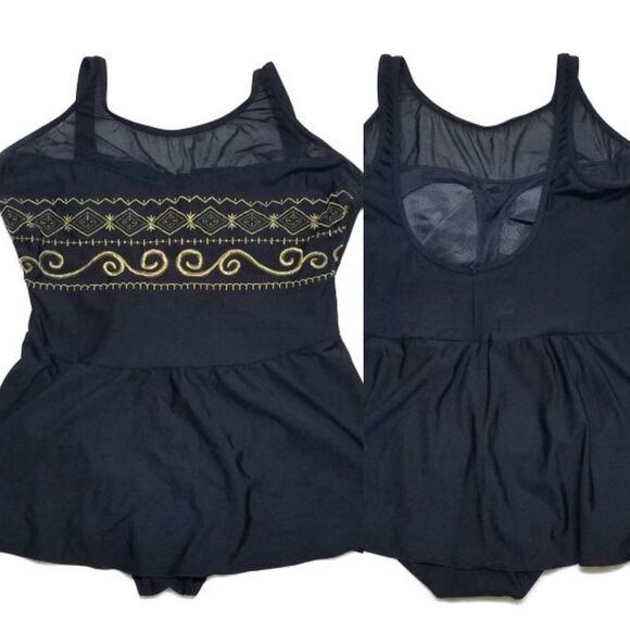 VINTAGE 90s Sun Streak Black Gold Dress Swimsuit - Picture 1 of 9